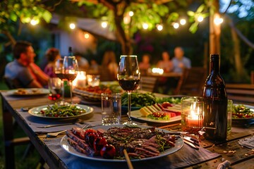 Backyard dinner table have a tasty grilled BBQ meat, Salads and wine with happy joyful people on background at night