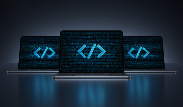 Laptop devices with Digital code icon on their screens on a dark background. Realistic rendering.