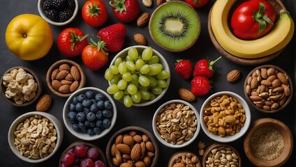 Healthy food background from fruits, vegetables, cereal, nuts and superfood. Dietary and balanced vegetarian eating products on kitchen table top view - obrazy, fototapety, plakaty