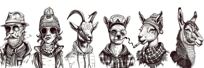 Animal characters set Smoking Goat Llama skier Deer, generative Ai - obrazy, fototapety, plakaty