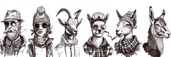 Poster Animal characters set Smoking Goat Llama skier Deer, generative Ai © Zoya