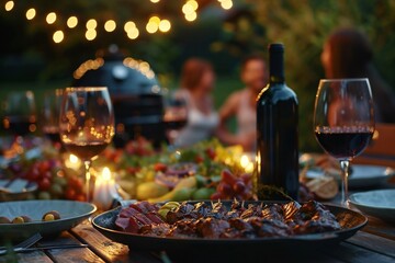 Backyard dinner table have a tasty grilled BBQ meat, Salads and wine with happy joyful people on background at night