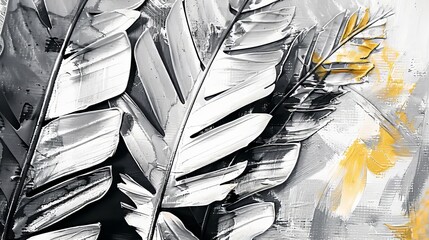 Tropical palm leaves on grunge silver  background. Black and white.Ai generative.
