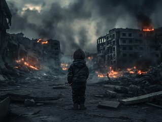A poignant scene of a young child standing alone in the devastated aftermath of urban destruction. - obrazy, fototapety, plakaty