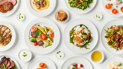 Array of different meals arranged on plates, seen from above against white background