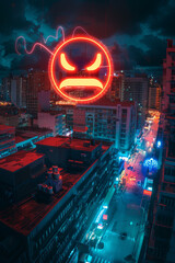 An angry emoji icon above the city skyline