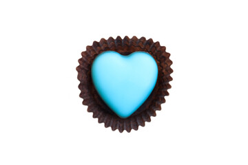 Blue heart shaped chocolate in wrapper isolated on white background, Chocolate candy