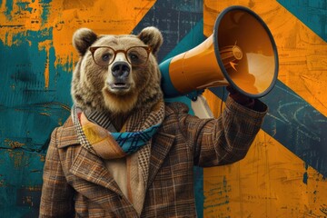 Anthropomorphic bear with glasses holding a megaphone.