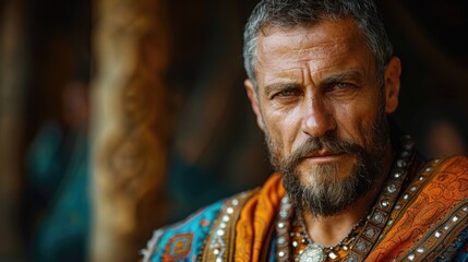 Regal king with intense gaze wearing a crown and royal attire.