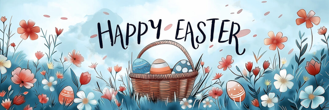 Watercolor and ink Easter illustration: delicate flowers and Easter egg basket on blue background, ideal for banner or poster design to celebrate Easter festivities