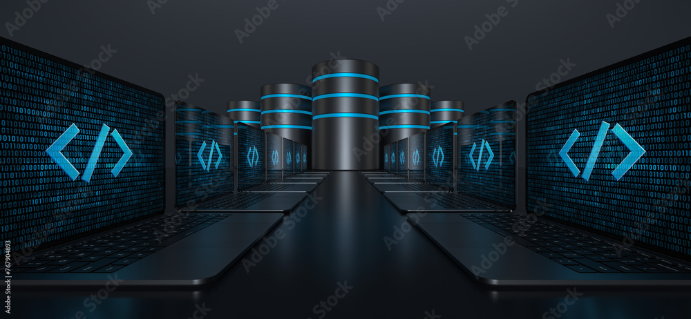 Poster two rows of laptop devices with a digital code icon on their screens forming a pathway leading to da