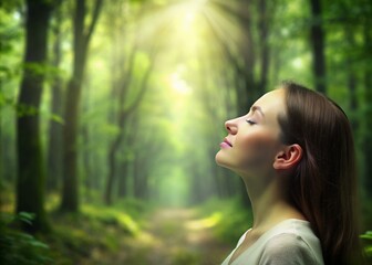 Naklejka premium Relaxed woman breathing fresh air in a green forest 