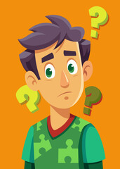 Young puzzled, doubtful, confused man thinking, trying to find solution, worried expression on his face, concept - Sorry, don't know how it happened. Copy space.