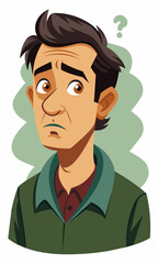 Young puzzled, doubtful, confused man thinking, trying to find solution, worried expression on his face, concept - Sorry, don't know how it happened. Copy space.