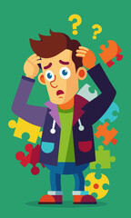 Young puzzled, doubtful, confused man thinking, trying to find solution, worried expression on his face, concept - Sorry, don't know how it happened. Copy space.