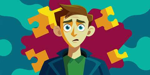 Young puzzled, doubtful, confused man thinking, trying to find solution, worried expression on his face, concept - Sorry, don't know how it happened. Copy space.