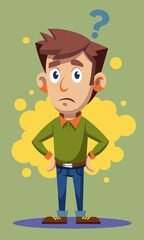 Young puzzled, doubtful, confused man thinking, trying to find solution, worried expression on his face, concept - Sorry, don't know how it happened. Copy space.