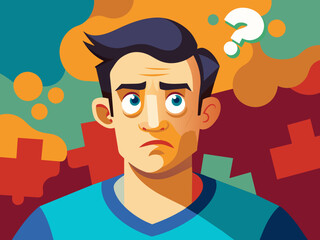 Young puzzled, doubtful, confused man thinking, trying to find solution, worried expression on his face, concept - Sorry, don't know how it happened. Copy space.