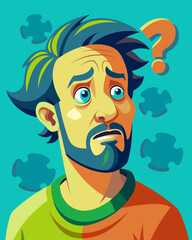 Young puzzled, doubtful, confused man thinking, trying to find solution, worried expression on his face, concept - Sorry, don't know how it happened. Copy space.