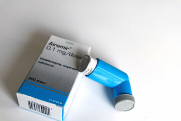 Medicine for asthmatics. Blue inhaler Airomir. Denmark - March 24, 2024