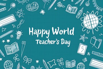 World Teacher's Day Tribute: Doodle Art Celebration with Educational Icons on Teal  