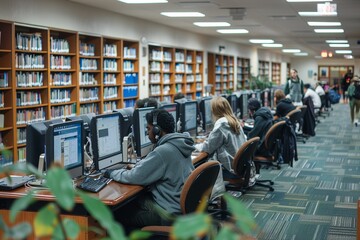 Diverse group of students focused on their studies at computer in a public library