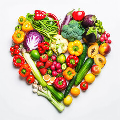 Various colorful vegetables and fruits arranged in a heart shape on a white background