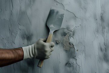 A gloved hand holding a construction spatula on a gray background