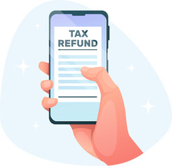 Tax refund concept, hand with phone and screen caption