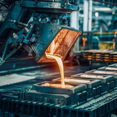 Molten metal being cast into ingots in a foundry