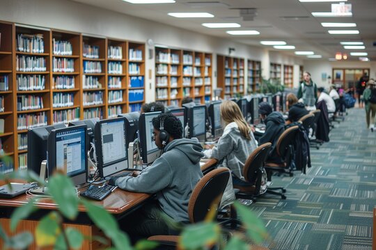 Diverse group of students focused on their studies at computer in a public library