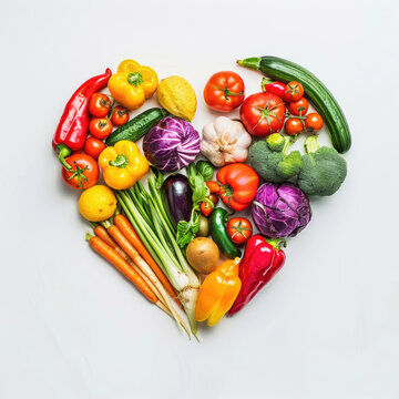 Various colorful vegetables and fruits arranged in a heart shape on a white background