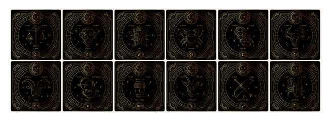 Horoscope astrology horoscope cards linocut silhouettes design vector illustrations set. Elegant symbols and icons of esoteric horoscope templates for wall print poster isolated on white background. © akn