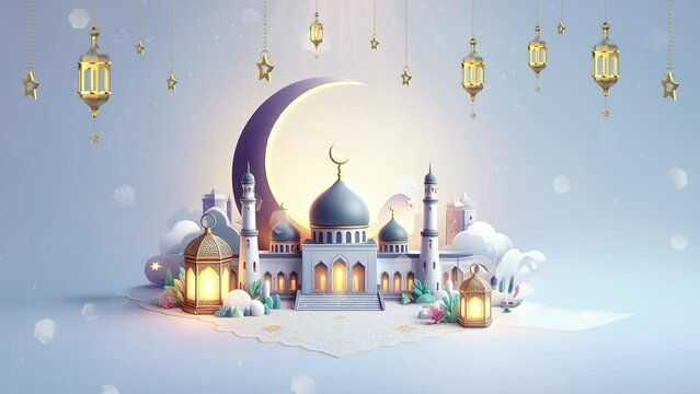 Ramadan Kareem celebration banner. Eid mubarak islamic mosque with half Crescent moon, star, and lantern. Animated islamic ramadan background