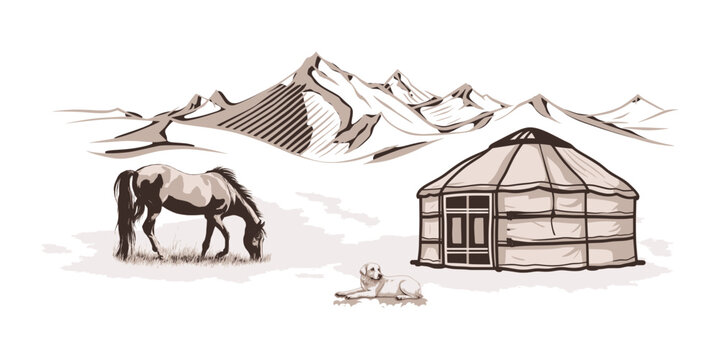 Sketch on the topic of life in Central Asia, grazing horse and yurt, vector illustration	