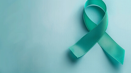 Teal green cancer ribbon blank background support ovarian campaign cervical  ptsd sexual assault polycystic ovary syndrome PCOS anxiety survivor research copy space flatlay medicine event banner