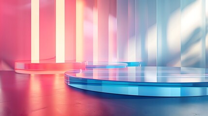 Stylish abstract podiums bathed in neon light, casting soft glows and shadows on a textured surface, ideal for product display.