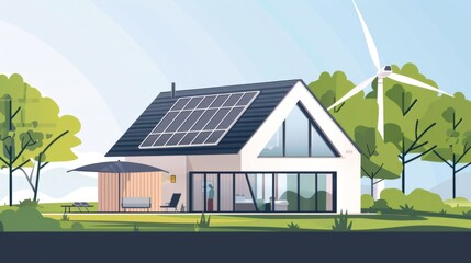 Obraz premium An illustration of a sustainable, modern home equipped with solar panels and a wind turbine, showcasing renewable energy and eco-living.