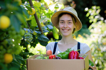 A smiling young woman carries a box of fresh organic groceries