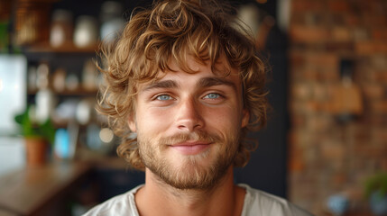 Portrait of a smiling young man with curly hair in a casual setting, exuding a friendly and approachable vibe.