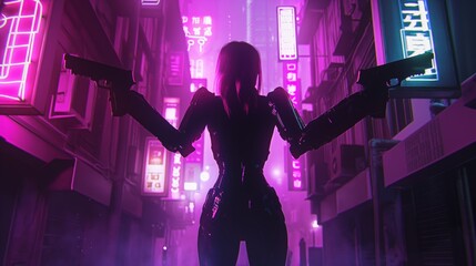 Silhouette of a futuristic female figure standing in a neon-lit urban alley, exuding mystery and cyberpunk aesthetics.