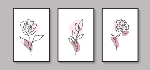 Botanical wall art vector set. Foliage and flower  line art drawing with abstract shape for print, cover, wallpaper, poster. Trendy minimal  wall art. Vector illustration.