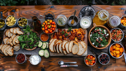 Assorted appetizers on a wooden board with dips, vegetables, meats, and craft beer.