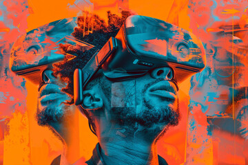 Virtual Reality Collage: Man in Vibrant Orange Pastel Colors