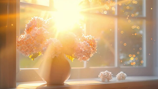 hydrangea flowers in white vase on window sill with sunlight shining trough window. Colorful hydrangeas at home in the spring. 4k video Fresh flowers