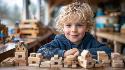 Smiling child with curly hair playing with wooden blocks in a workshop setting.