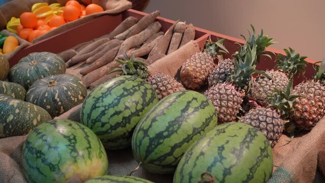 Close-up view of the various types of fruits  and vegetables for sale.