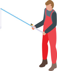 Fisherman with rod icon isometric vector. Angler profession. Seafood catch equipment
