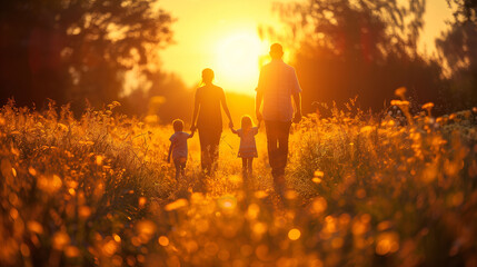 Obraz na płótnie Canvas Family walking through a field at sunset, holding hands, with a warm golden light and nature around.