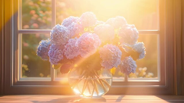 hydrangea flowers in white vase on window sill with sunlight shining trough window. Colorful hydrangeas at home in the spring. 4k video Fresh flowers